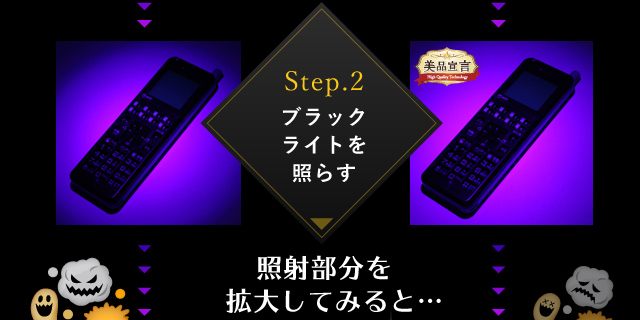 Step.2　ブラックライトを照らす　照射部分を拡大してみると…