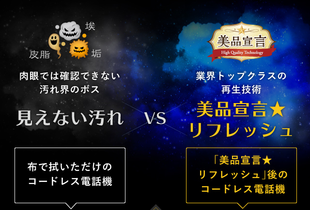 見えない汚れ（布で拭いただけのコードレス電話機）VS美品宣言★リフレッシュ（「美品宣言★リフレッシュ」後のコードレス電話機）